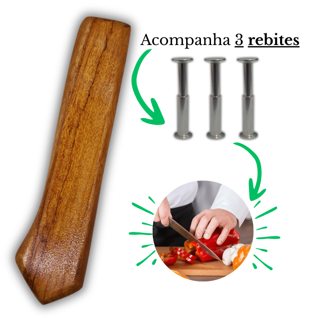 Cabo de Madeira  PREMIUM para Faca de Cozinha Facão, 13 cm - Cozinha/Ar livre/Pesca Com 3 Rebites