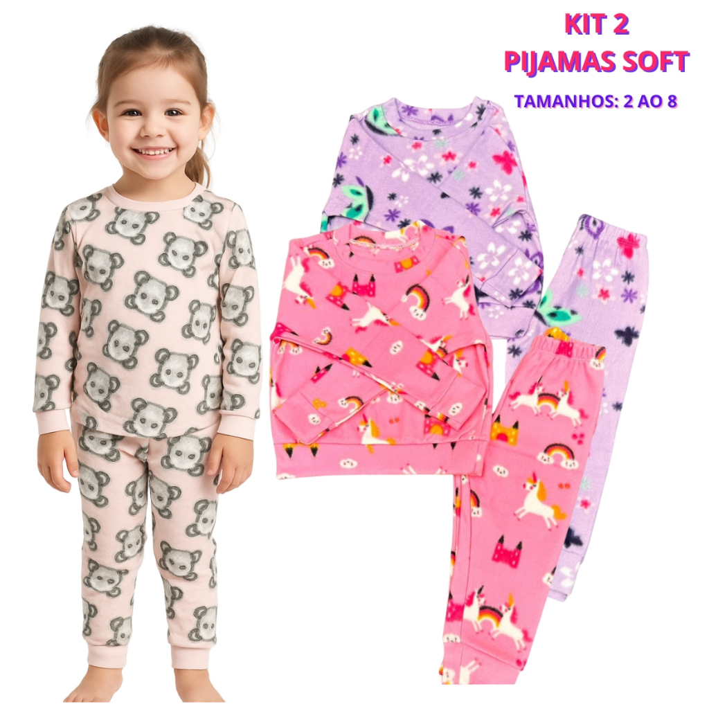 Kit 2 Peças Pijama Infantil Soft Inverno Menina Estampas Sortidas Super Confortável e Quentinho