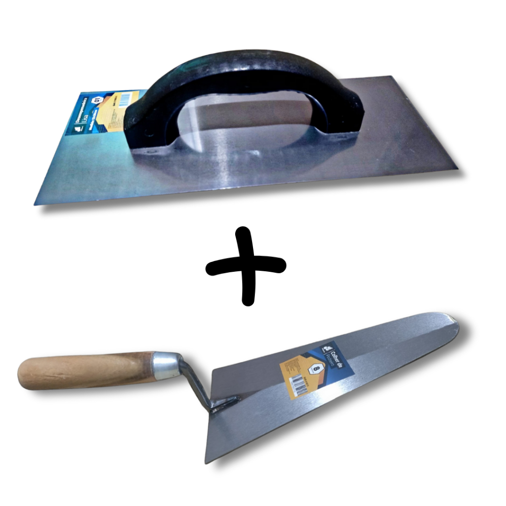 Kit Colher de pedreiro 8" pol de canto profissional mais Desempenadeira Lisa Profissional em Aço 25cm ferramenta obra
