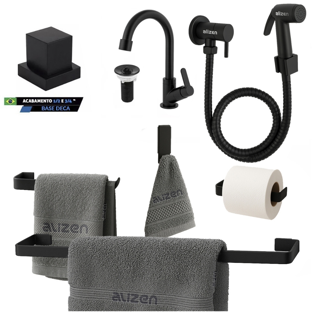 Kit De Banheiro Preto Completo Ducha Higiênica e Torneira Acabamento de Registro ralo de pia