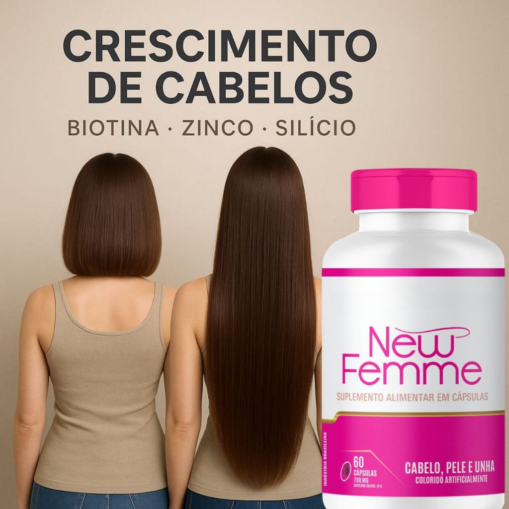 NEW FEMME VITAMINA PARA CRESCIMENTO DE CABELOS REDUZ QUEDA AUMENTA VOLUME BIOTINA ZINCO SILICIO