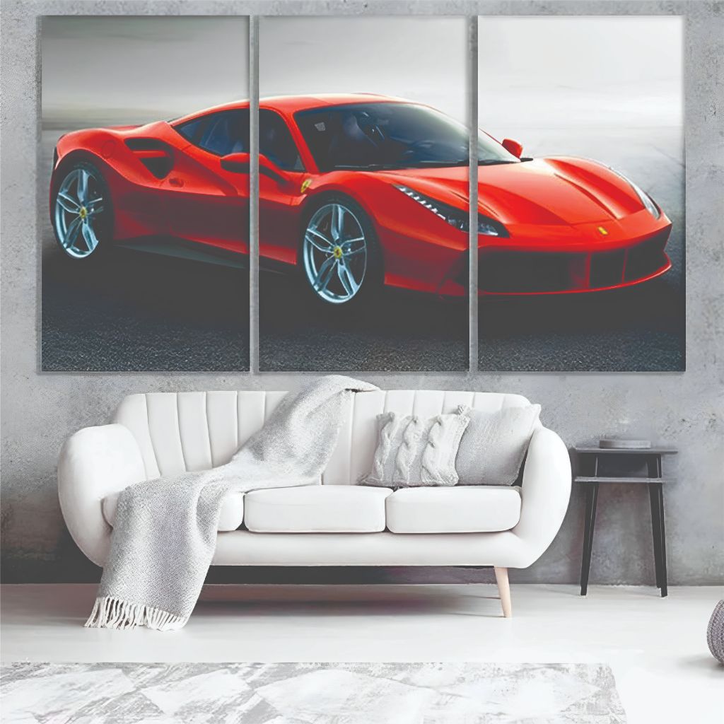 Quadro carro esportivo Ferrari 3 peças luxo Premium  quadros decorativos quarto sala automotivo