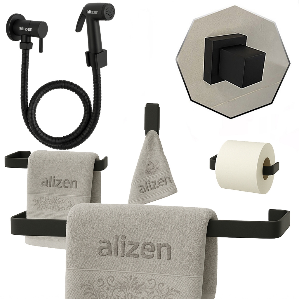 Kit Acessórios Preto para Banheiro Quadrado + 1 Ducha Higiênica POP Preta + Acabamento padrão deca preto