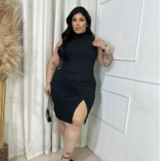 DRAPA PLUS - Vestido Gola Fenda Sem Manga - Plus Size em Oferta na Shopee