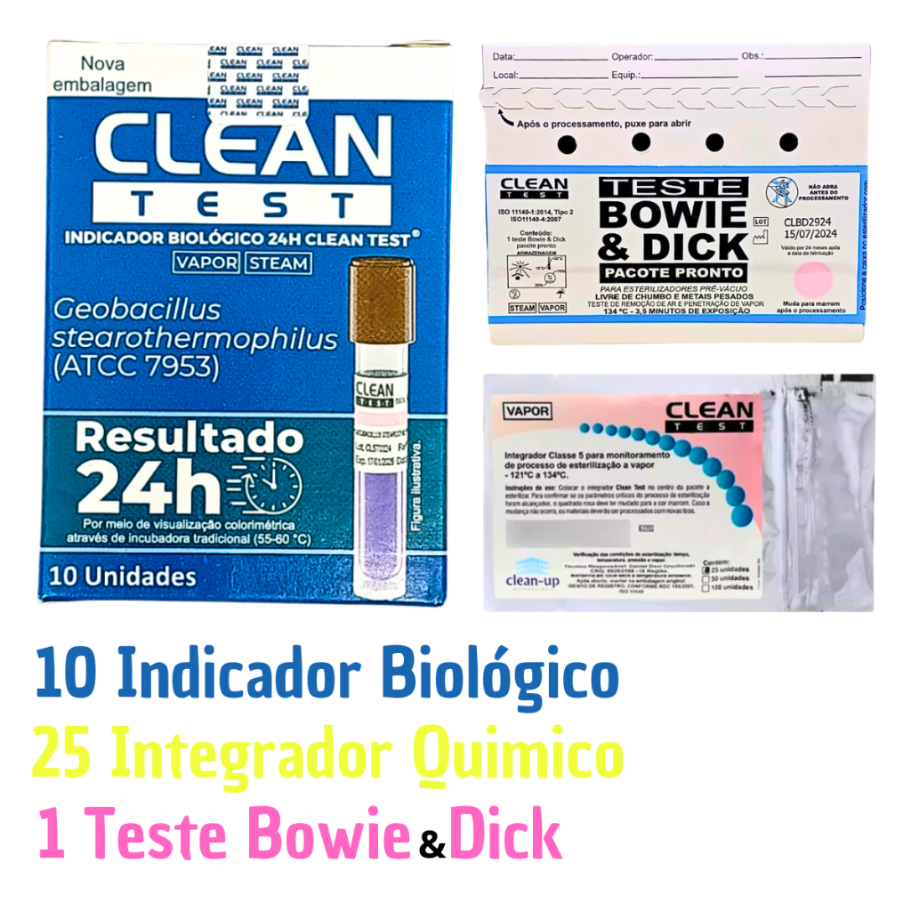 Teste Bowie & Dick Clean Up + 10 Indicador Biológico Clean Up + 25 Integrador Químico Clean Up