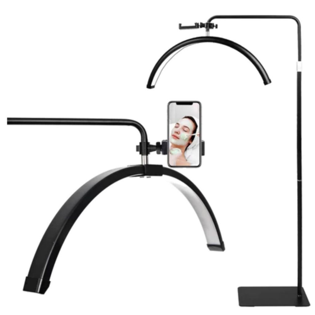 Luminária LED Arco Meia Lua Com Suporte Celular Base de Chão Profissional Multifuncional