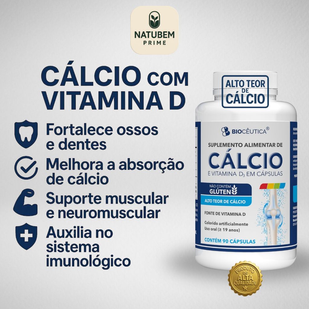 Cálcio + Vitamina D | Alta Concentração | 90 Cápsulas | Saúde e Fortalecimento Ósseo