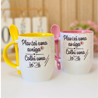 Caneca personalizada com colher Plantei uma amiga, colhi uma irmã, caneca amizade. em Oferta na Shopee