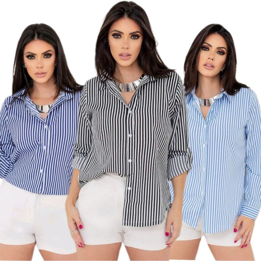 Kit 3 Camisa Social Feminina Blusa Manga Longa Listrada Com Botoes Tendecia 2025
