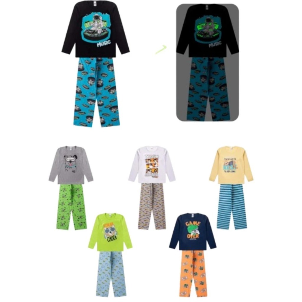 Kit Sortido 6 Peças Pijama Infantil Menino Manga Comprida Masculino Tamanho 1 ao 8