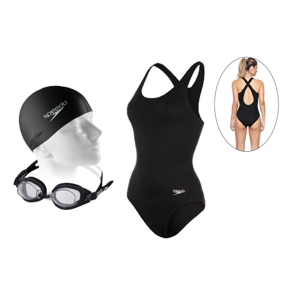 Kit Natação Speedo Maiô Cross + Óculos Freestyle Antiembaçante Proteção UV + Touca Flat Silicone