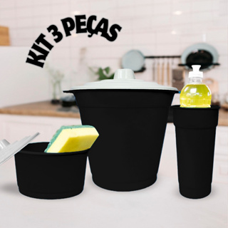 Kit Pia 3 Peças Cozinha Lixeira Lixinho Porta Sabão Detergente e Esponja Bucha em Oferta na Shopee
