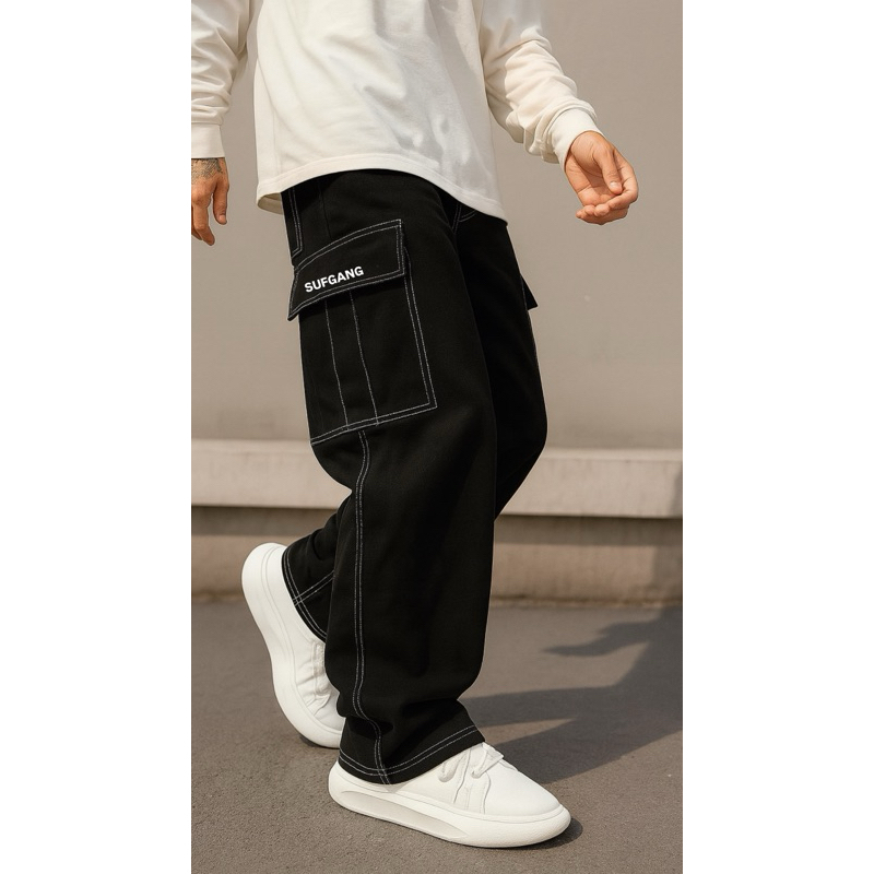 Calça cargo Sufgang streetwear 5 bolsos larga