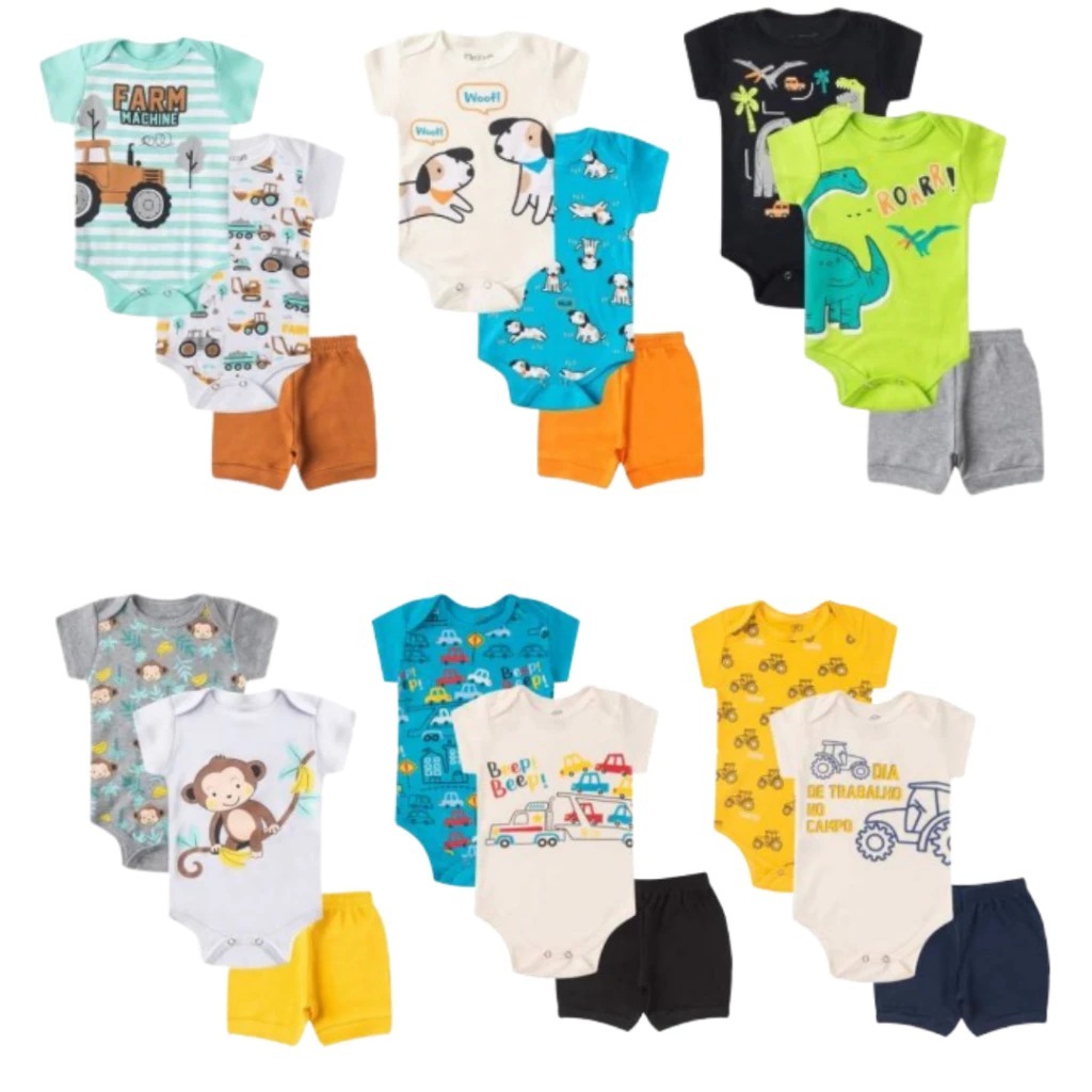 Kit Roupa Bebê Body 9 Peças Menino 3 Kits de 3 Peças Verão Infantil Manga Curta (Ideal para presente)