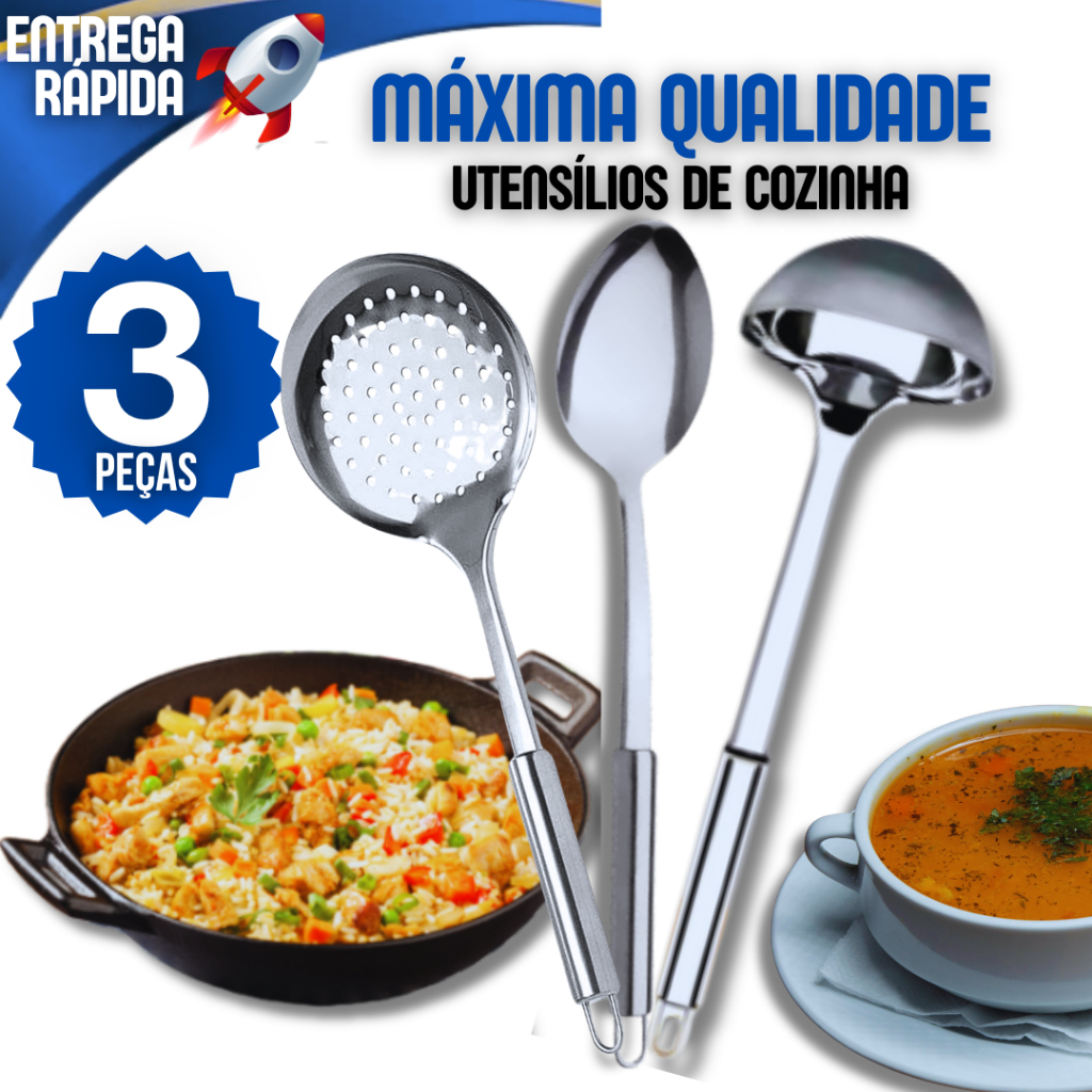 Kit Cozinha Utensílios 3 Peças 100% Aço Inox Premium Colher Escumadeira Concha Casa Cozinha