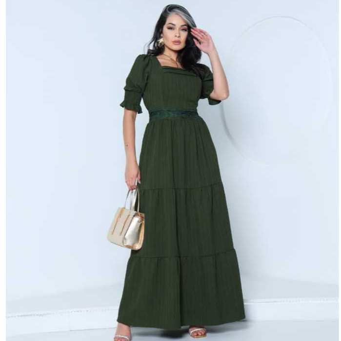 Vestido Feminino  Longo Tecido Duna Onda com Manga Princesa e Renda Frente Lastes Nas Costas e Manga em Oferta na Shopee