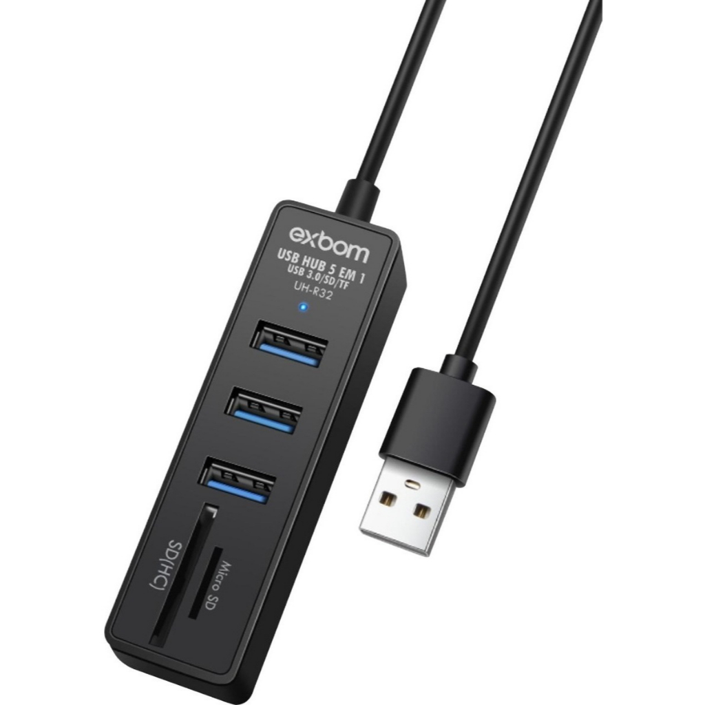 Adaptador Hub 5 Em 1 USB 3.0 Com Leitor de Cartão SD, Leitor de Cartão Micro SD 3 Portas USB 3.0 Exbom