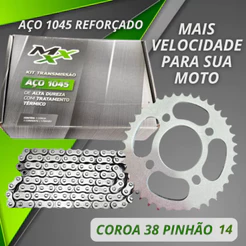 KIT RELAÇAO REDUZIDA COROA 38 PINHÃO 14z TITAN 150 TODAS TITAN 160 TODAS AÇO 1045 REFORÇADA