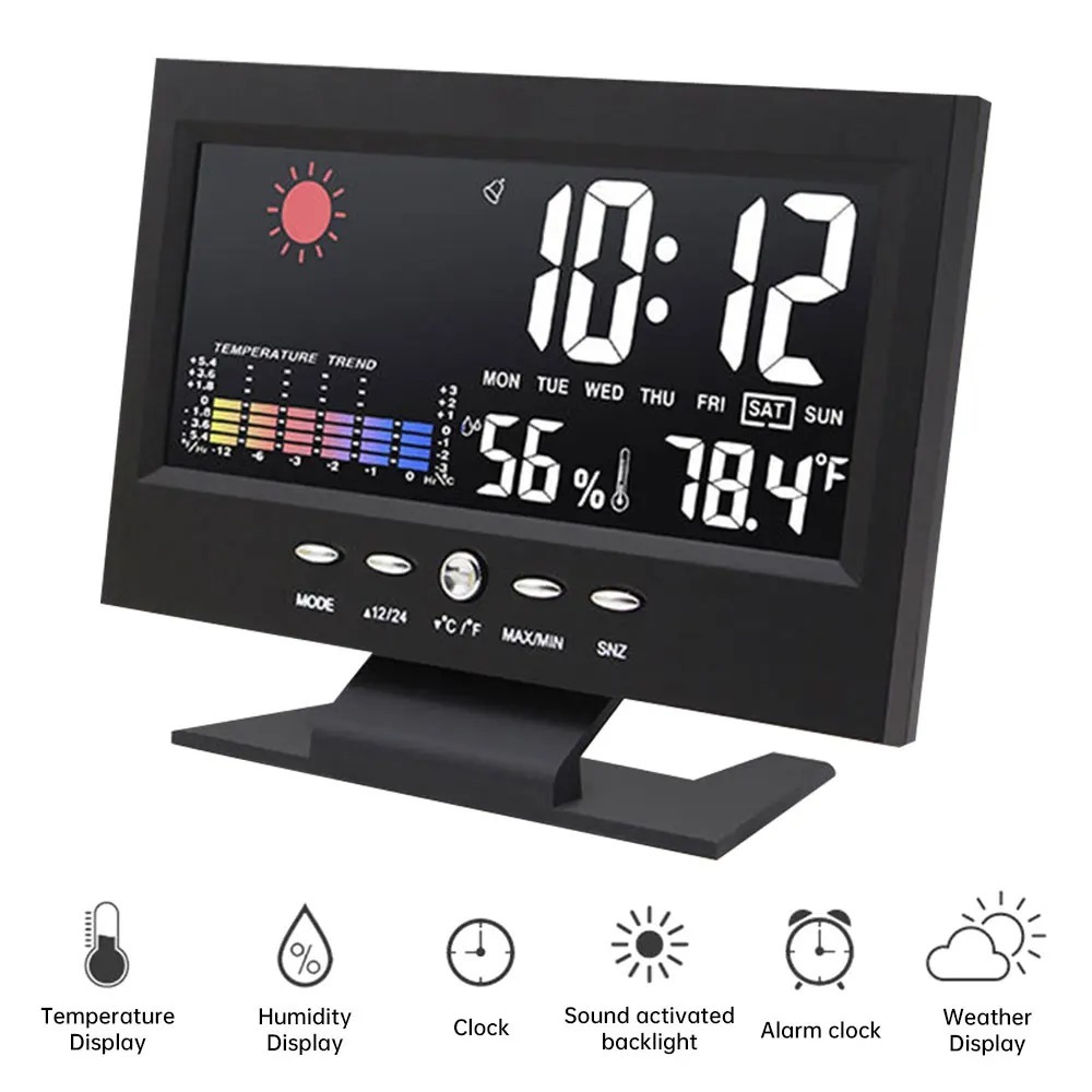 Relógio Despertador Digital LED Meteorológico Alarme Calendário Monitor De Temperatura Mesa Portátil