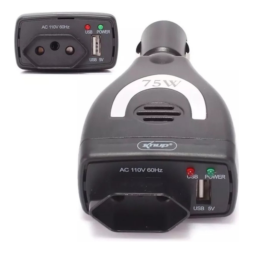 Inversor Automotivo Knup KP-552 75W 12V para 220V – Conversor Veicular Portátil com Saída USB