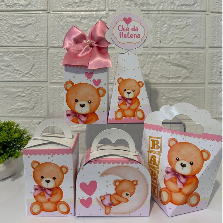 Personalizados chá de bebê menina, chá de bebê rosa, ursinho rosa, chá revelação, ursinho menina kit  (PEGUE E MONTE)