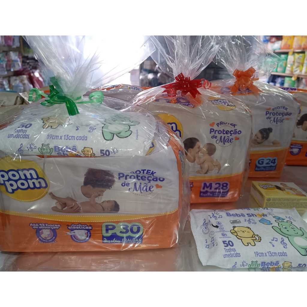 Kit  ( Pom Pom ) Chá de Bebe  Fralda + Toalha Umidecida 50un + Sabonete 70 gr