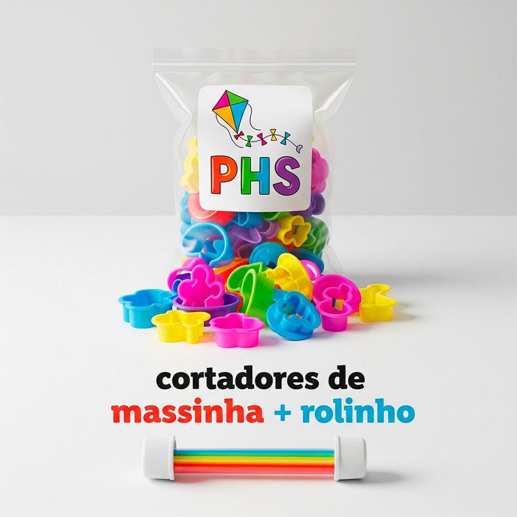 150 Cortadores De Massinha + Rolinho + pacote de massinha educação infantil Presente lembrancinha