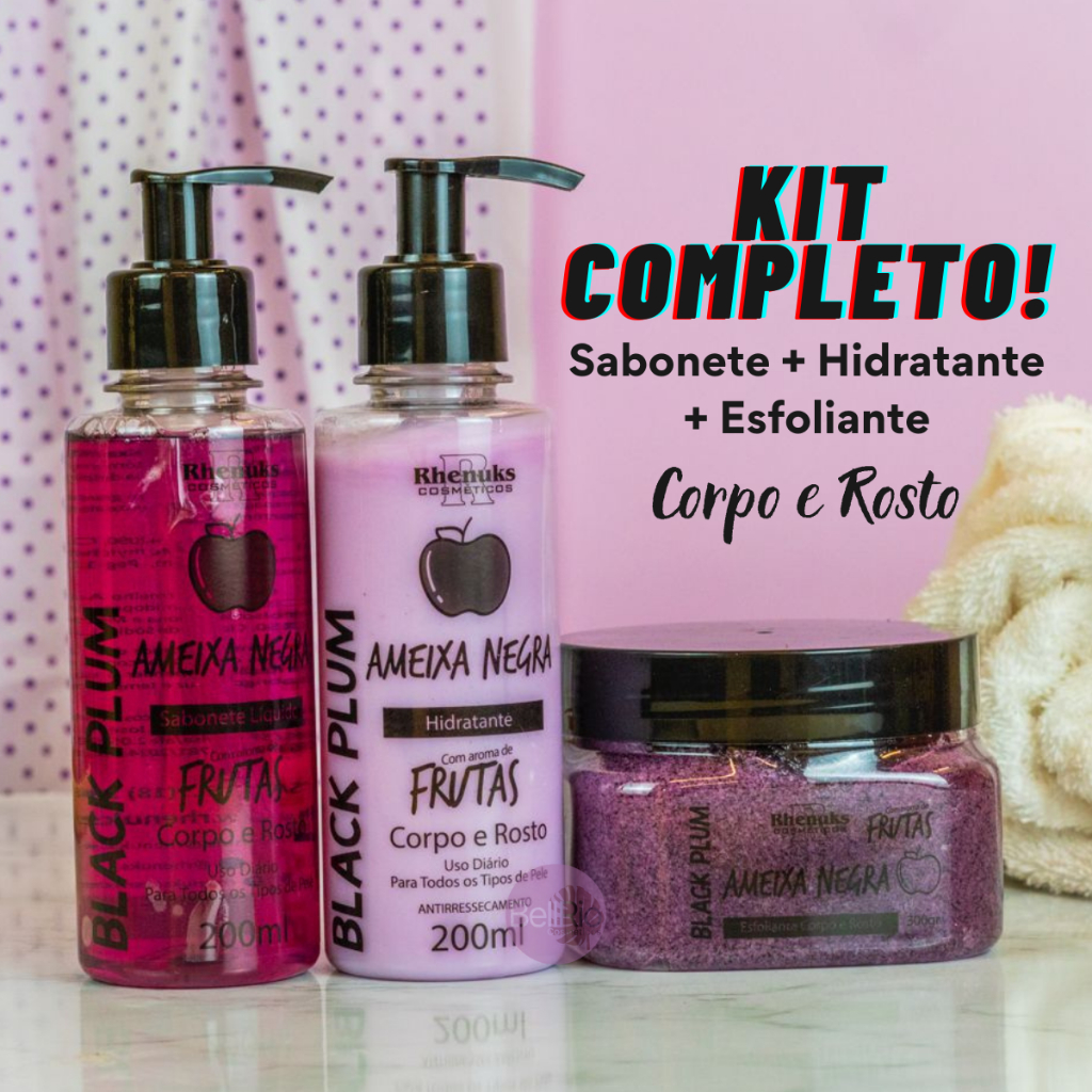 Kit Hidratante Corporal, sabonete Líquido e Esfoliante Ameixa Negra Rhenuks 3 Itens em Oferta na Shopee