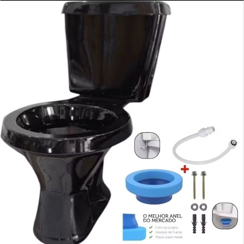 Kit Vaso Bacia Sanitária Com Caixa Acoplada Preta Araxá + Kit Instalação