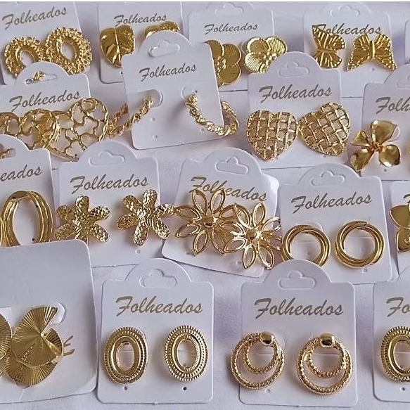Kit 5 Pares de Brincos Folheados Dourados | Bijuteria Fina Sortida | Sortidos Dourado