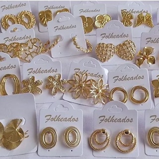 Kit 5 Pares de Brincos Folheados Dourados | Bijuteria Fina Sortida | Sortidos Dourado em Oferta na Shopee