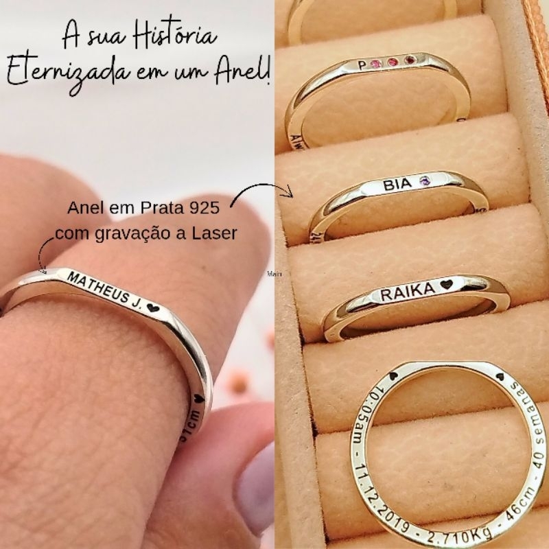 Anel Personalizado de Prata 925 com Nome data Dados de Nascimento dos Filhos Gravação a Laser em Oferta na Shopee