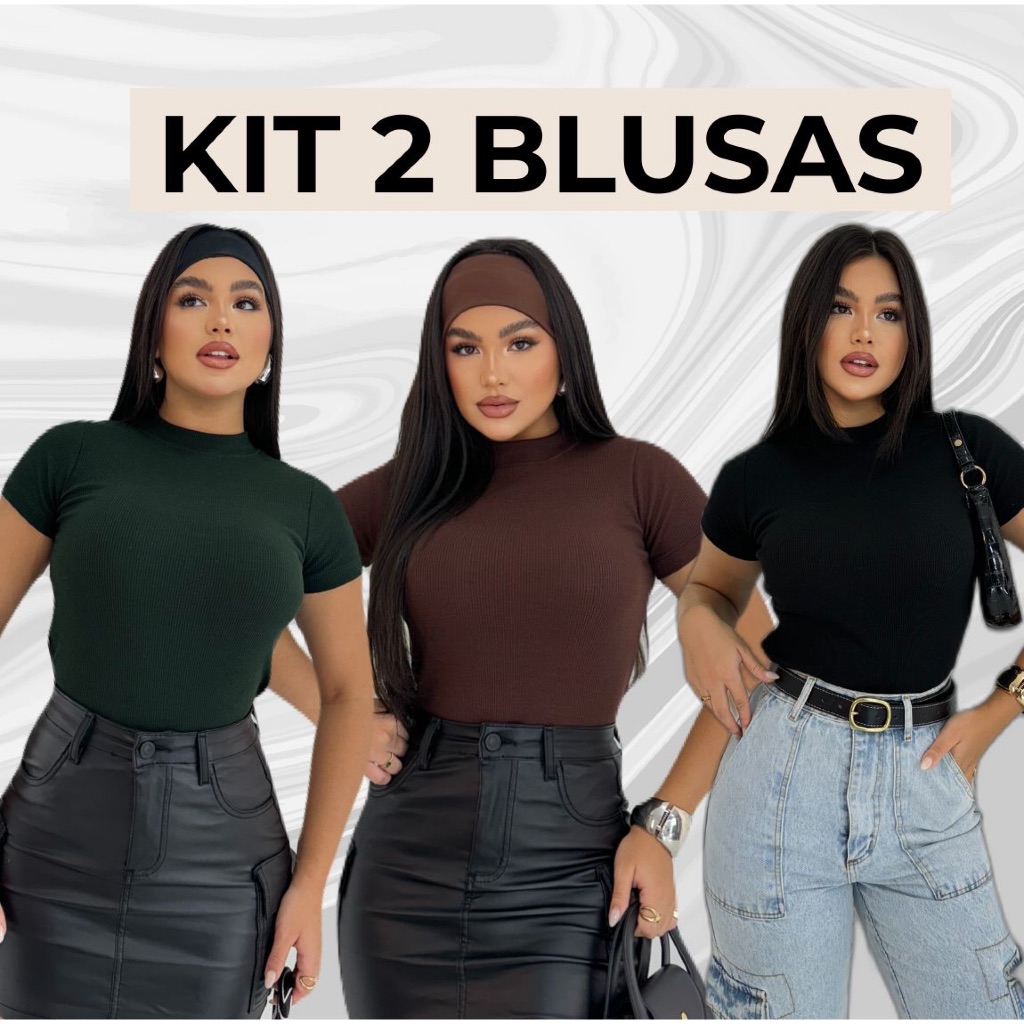 Kit 2Blusa Feminina Básica Ribana Premium Casual Gringa Manguinha Outono Blusinha Camiseta SLIM PLUS