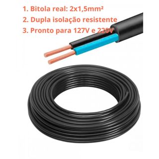 Cabo PP Elétrico 2x1.5mm – Metragem 10m 15 m 20m 25m 30m – Flexível e Resistente em Oferta na Shopee