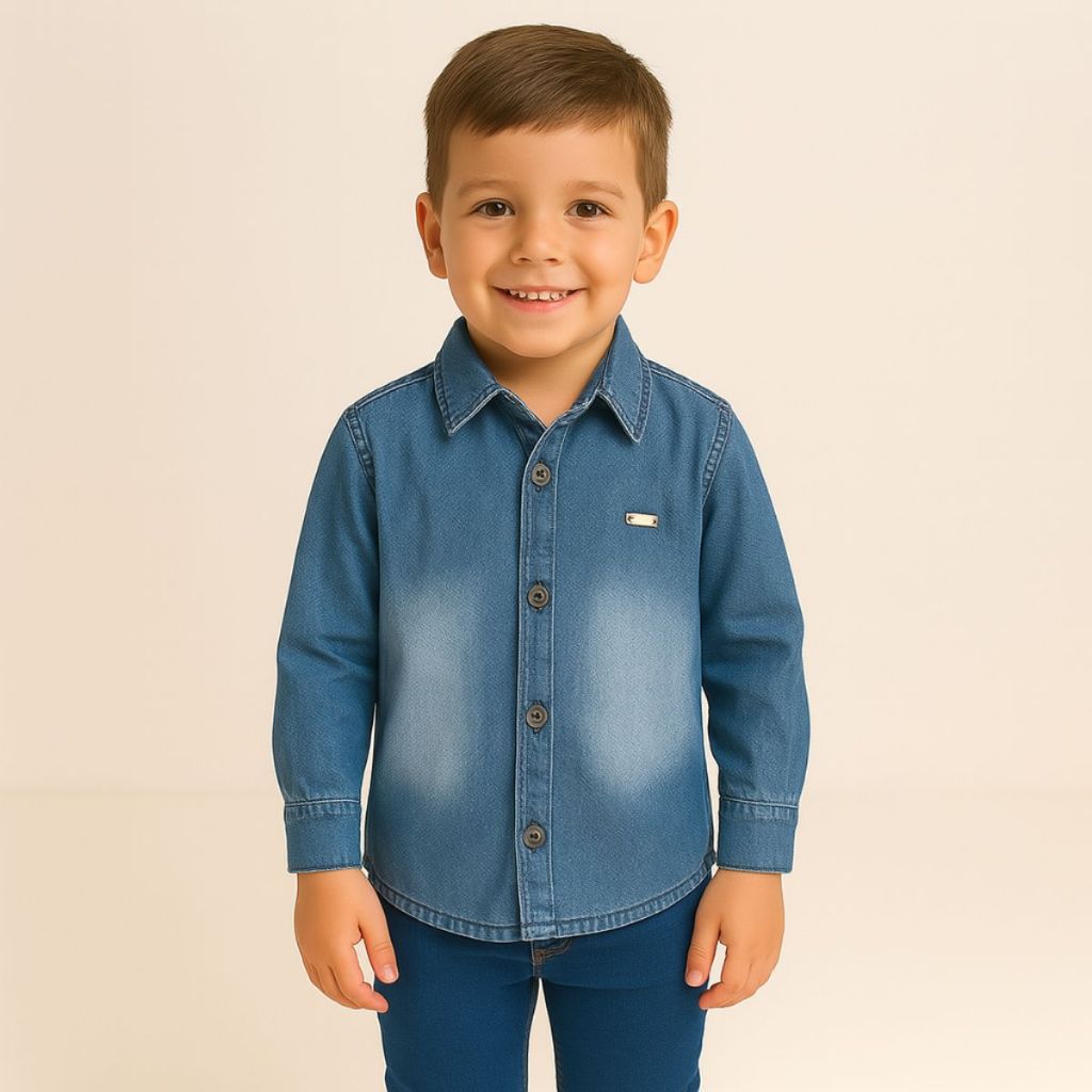 Camisa Social Infantil Jeans Manga Longa Masculina