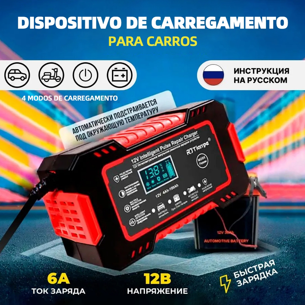 【GENAI】Carregador de bateria automotivo inteligente 12 V Display Digital Automático Energia RGNaração Puls
