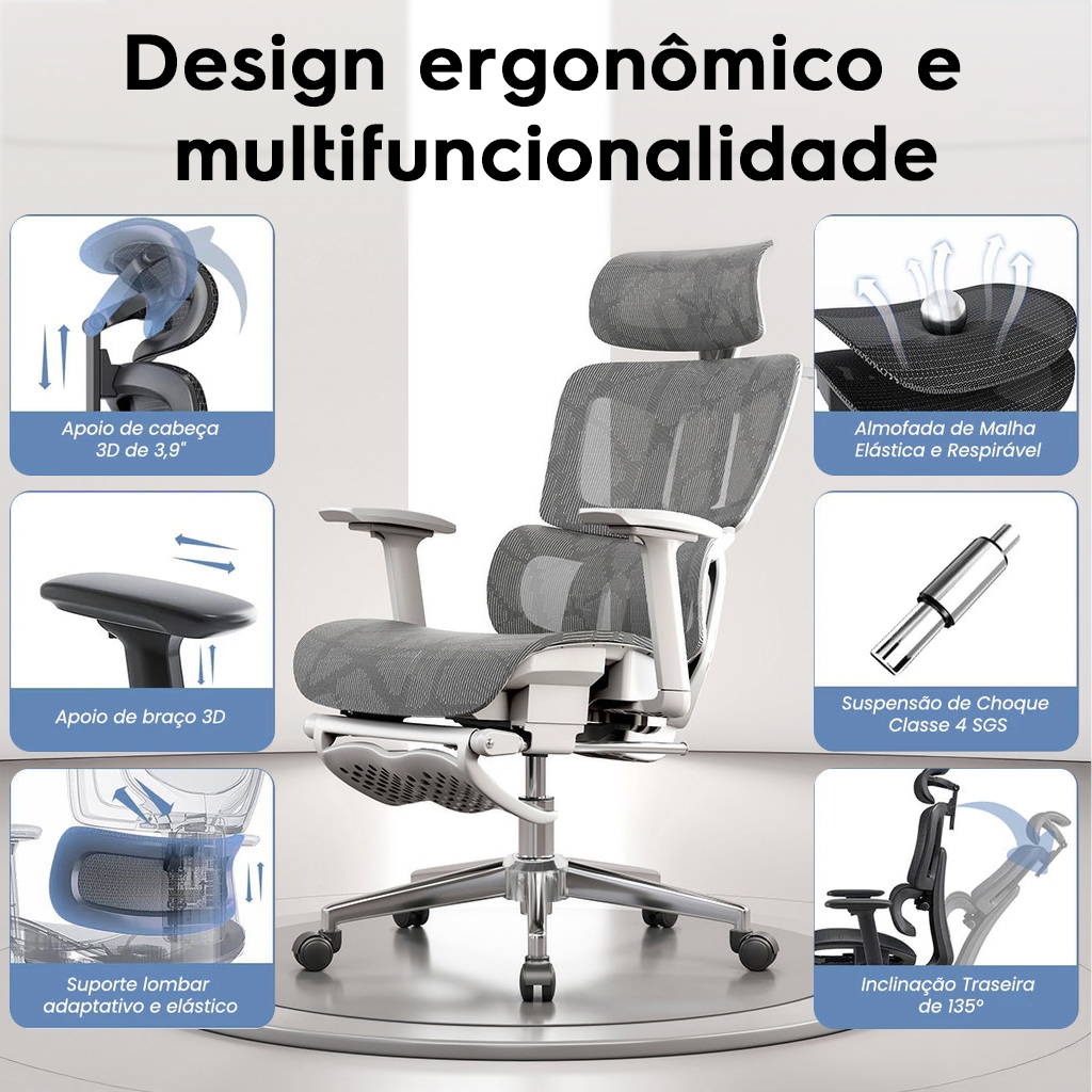 Cadeira de Escritório ergonômica Cadeira de computador Suporte lombar ajustável Confortável e respirável Tecido