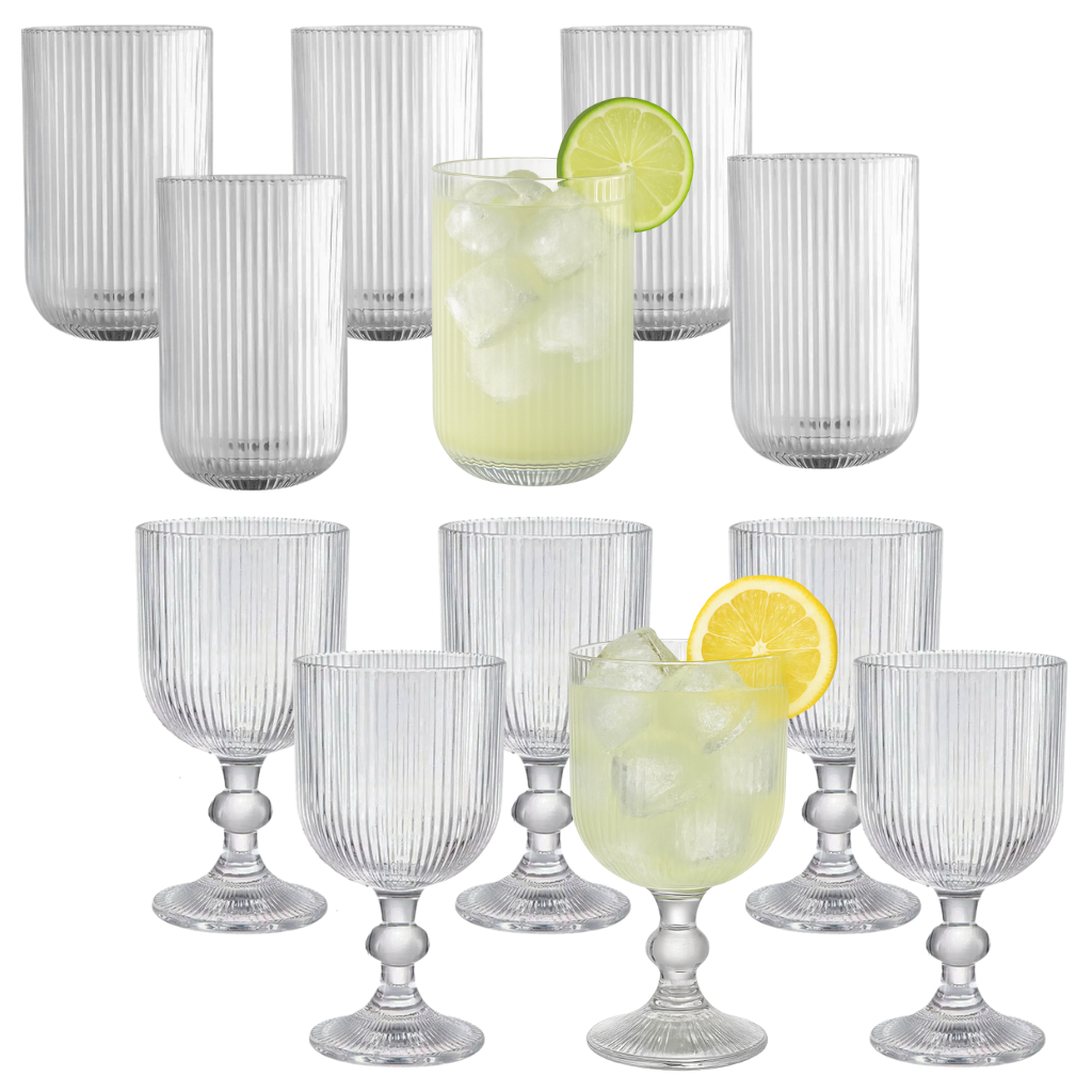 Kit 6 Copos Canelados 423ml + 6 Taças Caneladas 380ml de Vidro Transparente Grosso Resiste...