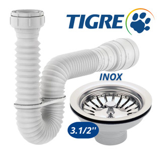 Sifão Sanfonado Tigre + Válvula Pia Cozinha Gourmet Válvula 3.1/2'' em Aço Inox Válvula Cuba Gourmet