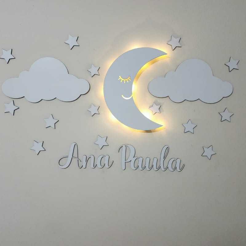 Kit Céu Luminoso 12 Estrelas 2 Nuvens 1 Lua Luminária LED Premium para Decoração de Quarto Infantil 1 Nome Personalizado