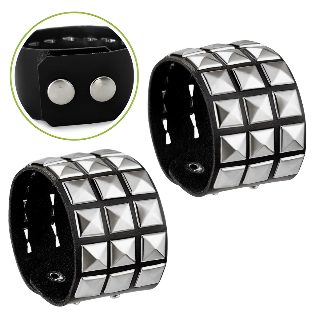 Kit 2 Pulseira Bracelete Spike Prata 3 Fileiras Pirâmides Couro Sintetico Punk Rock Emo Gotico