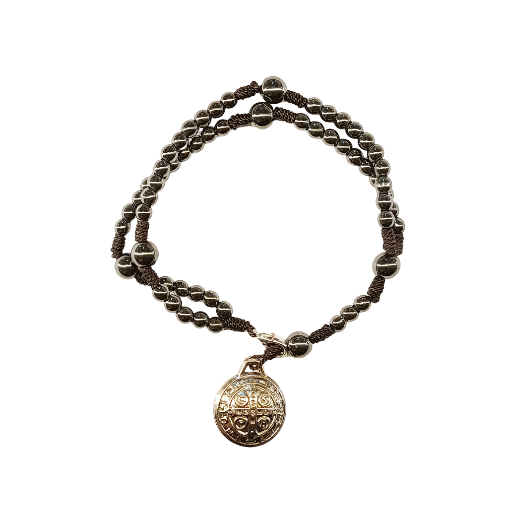 Pulseira Hematita São Bento Proteção Fé Unissex Ajustável Elástico Religiosa Católica Masculina