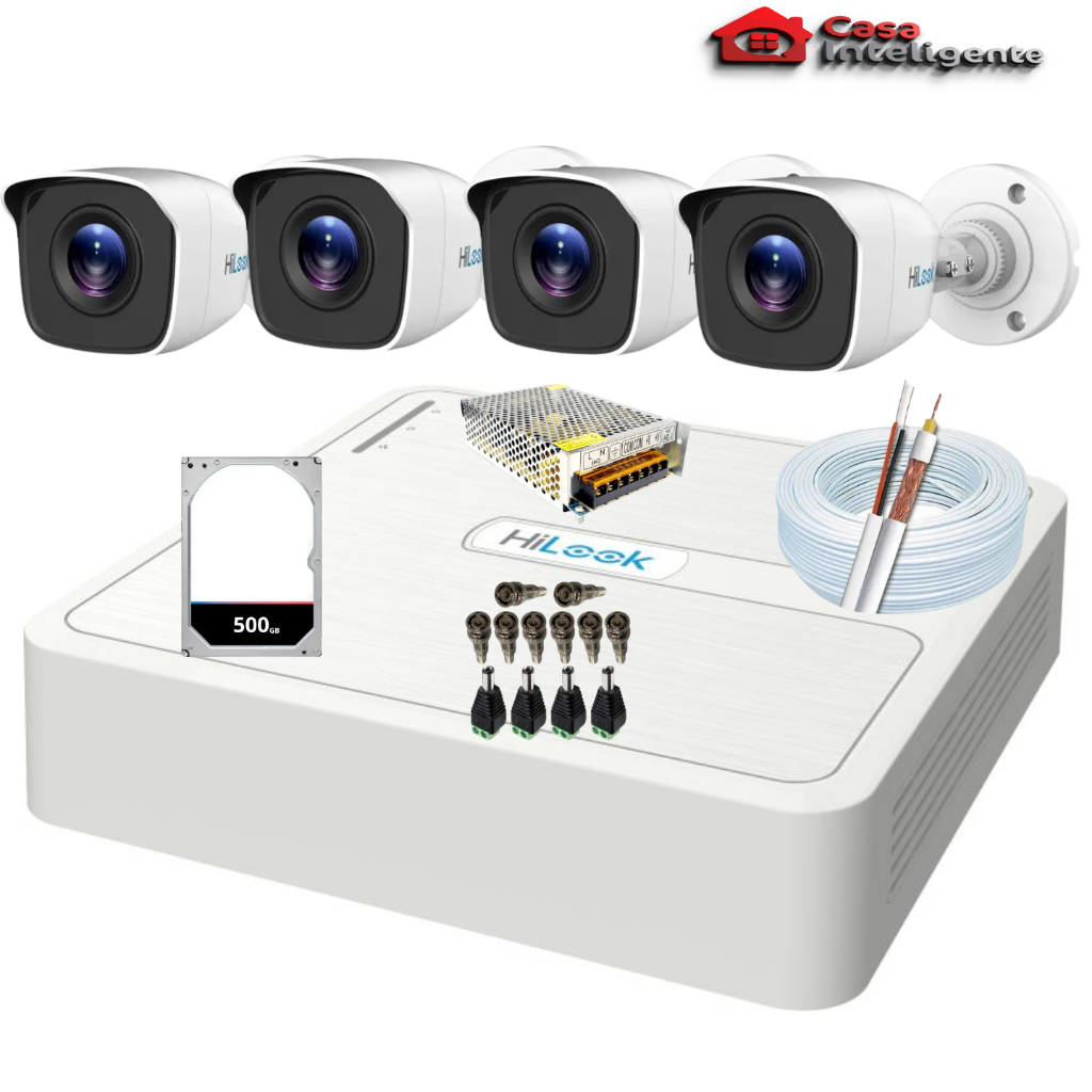 Kit 4 Câmeras Hilook Completo Full Hd 1080p Dvr 4 Canais Cor Branco
