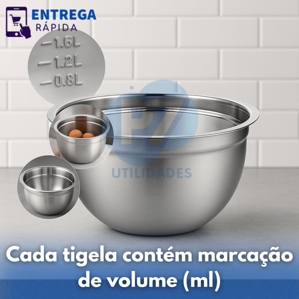 Jogo de Bowl Inox 5 Peças Tigela Inox Empilhável 14cm 16cm 20cm 22cm 24cm Gamela Bacia Cozinha