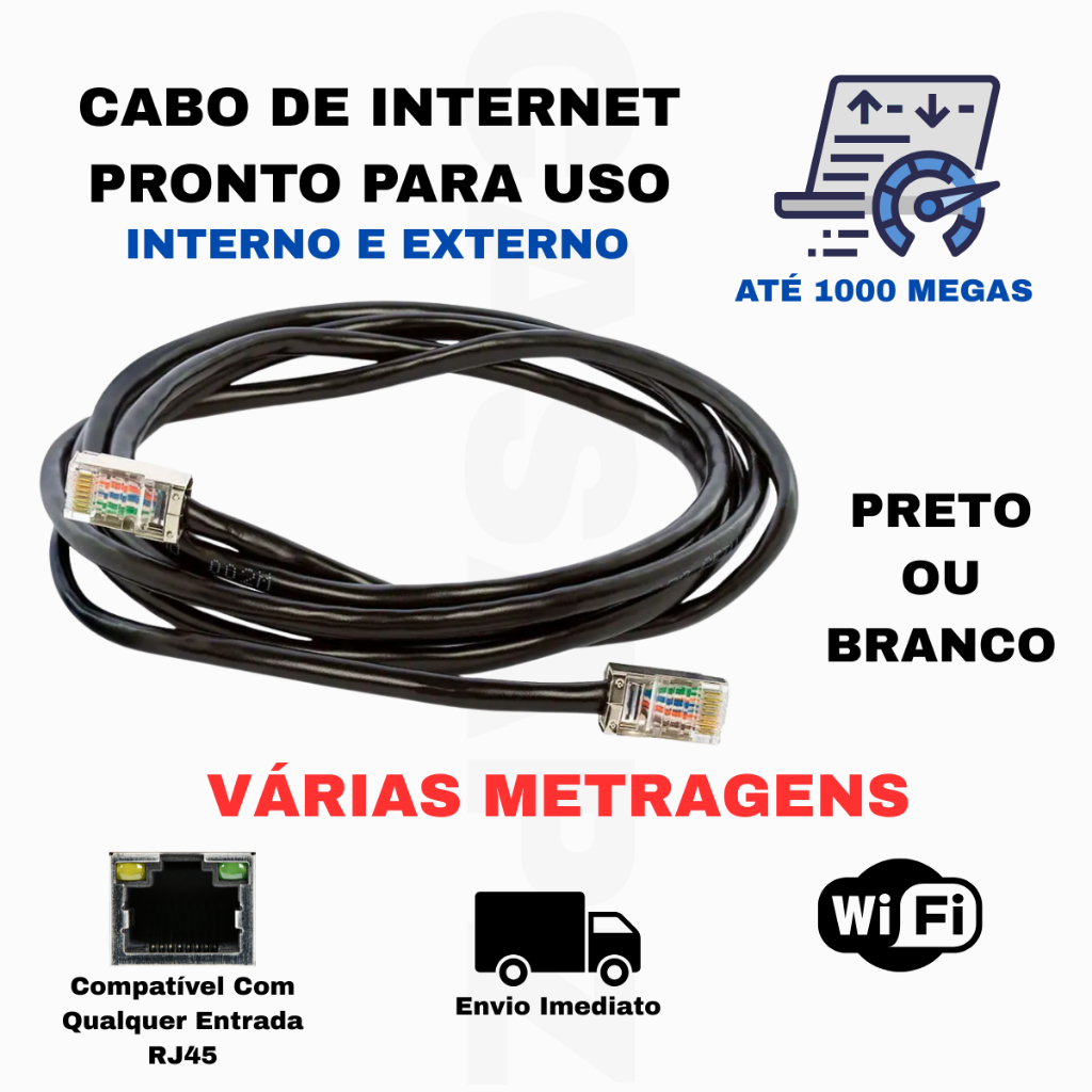 Cabo De Rede RJ45 1GB Internet Pc Notebook Roteador Smart Tv Video Games 1/3/5/10/15/20/25/30 Metros
