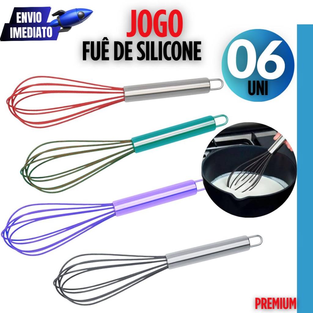 Jogo 06 Peças Fuê de Silicone Batedor de Claras Cabo Inox Cozinha Bolos Confeiteira Utilidades