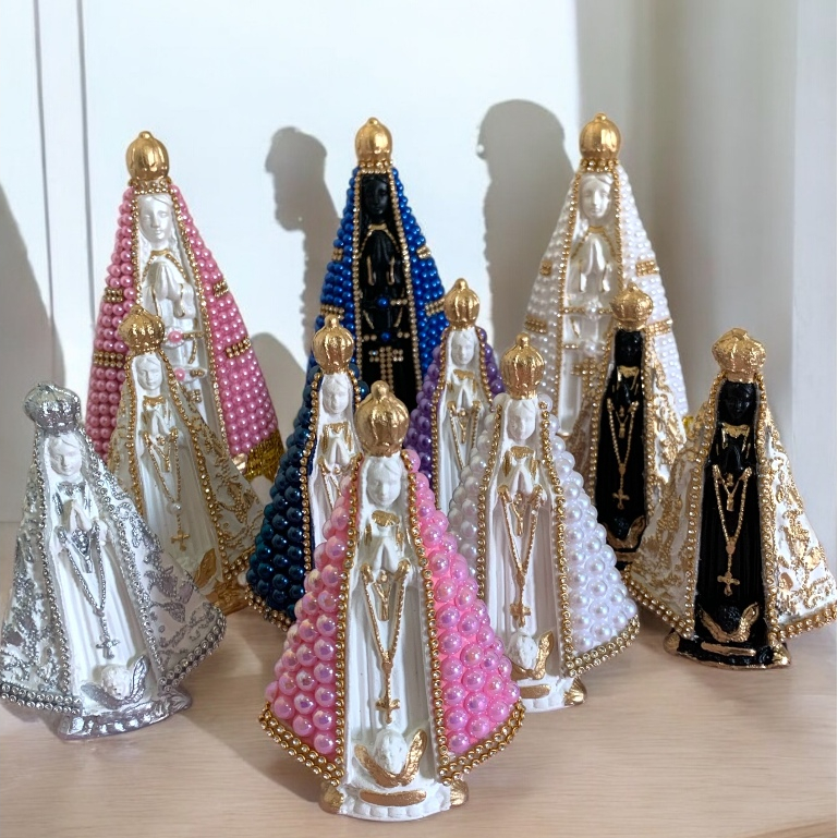 Imagem Católica Nossa Senhora Aparecida em Gesso com Strass e Pérola