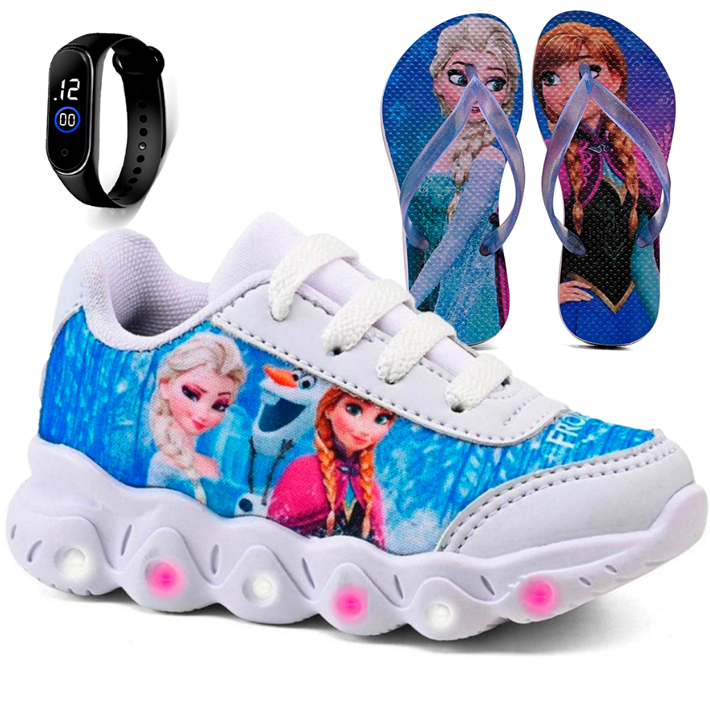 Kit Tênis Infantil Frozen Com Led + Chinelo Infantil + Relógio Digital