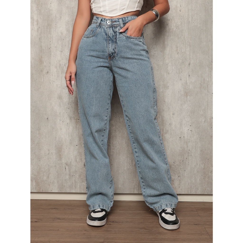 Calça Jeans Feminina Wide Leg Marmorizada Pantalona Boca Larga Cintura Alta Sem Lycra Confortável