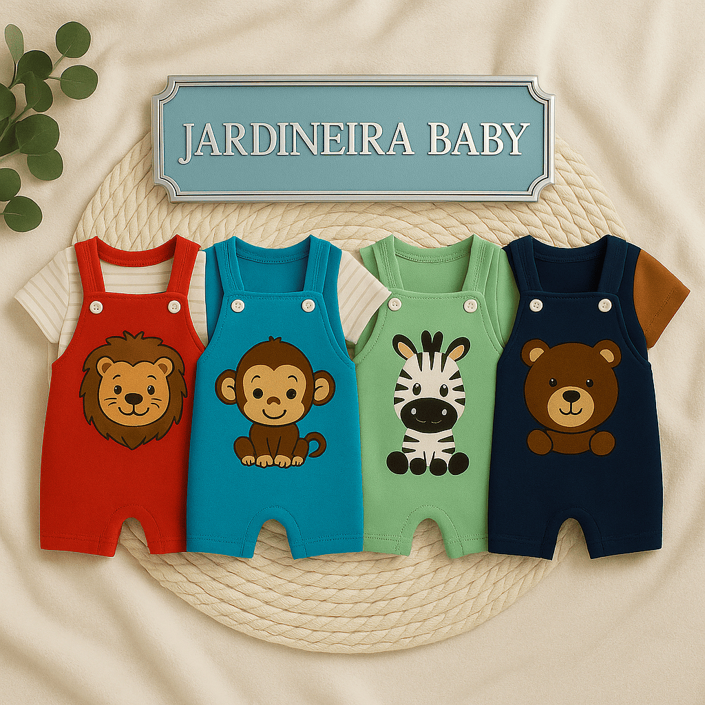 Conjunto de Bebê Unissex Macacão Jardineira Safari com Estampa de Animais - Roupa Fofa para Bebê Menino